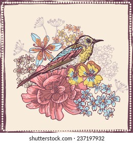 Hand drawn vintage botanical theme card with bird . All objects are conveniently grouped  and are easily editable.