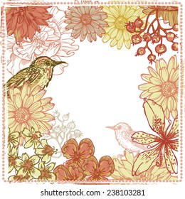 Hand drawn vintage botanical theme card with birds . All objects are conveniently grouped  and are easily editable.