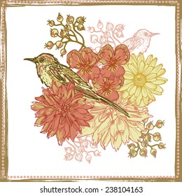 Hand drawn vintage botanical theme card with birds . All objects are conveniently grouped  and are easily editable.