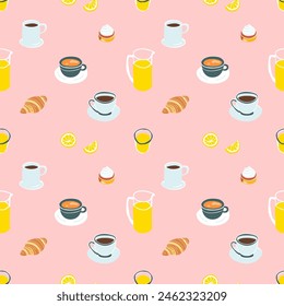 Hand drawn vintage breakfast food seamless pattern. English tea cup background illustration with retro coffee mug, fine china hot drink wallpaper texture print.	