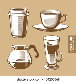 Hand drawn vintage brown coffee theme illustrations isolated on beige background. RGB EPS 10 vector elements set