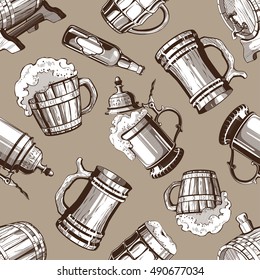 Hand drawn vintage brown and white beer theme illustrations seamless pattern on beige background. RGB EPS 10 vector elements set