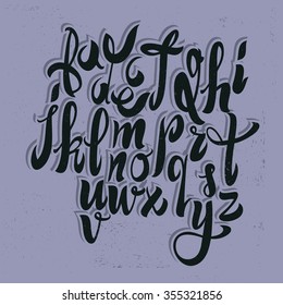Hand Drawn Vintage Brush Script. Artistic Lowercase Letters. Alphabet. ABC. Outline. Shadow.