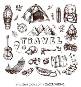 Hand drawn vintage bundle with hiking, camping, picnic, mountain trekking and travel elements. Includes tents, backpacks, campfires, grills, food, maps and tools. Perfect for outdoor and design.