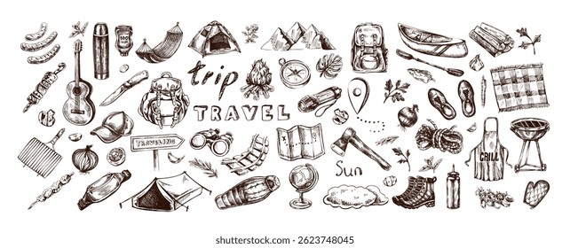 Hand drawn vintage bundle with hiking, camping, picnic, mountain trekking and travel elements. Includes tents, backpacks, campfires, grills, food, maps and tools. Perfect for outdoor design.