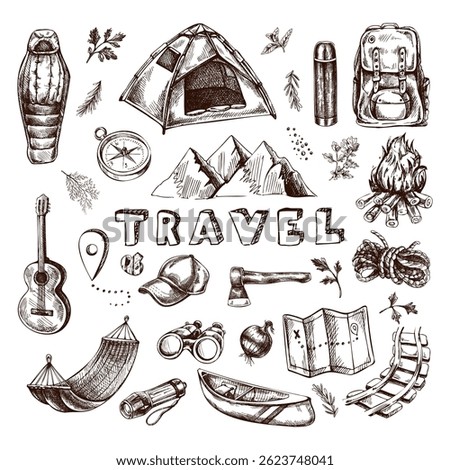 Hand drawn vintage bundle with hiking, camping, picnic, mountain trekking and travel elements. Includes tents, backpacks, campfires, grills, food, maps and tools. Perfect for outdoor and design.