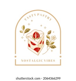 Hand drawn vintage cake, pastry and bakery elements with strawberry fruit and floral leaf illustration for food logo, emblem, cafe icon, brand, sticker or product decoration