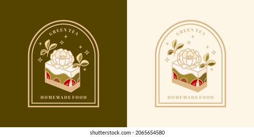 Hand drawn vintage cake, pastry and bakery elements with strawberry, peony flower, green tea, and floral vector illustration for food logo, emblem, icon, brand, sticker or product decoration