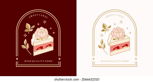 Pasteles de cosecha artesanal, pastelería y panadería con fresa, flor de peones, té verde e ilustración de vectores florales para el logotipo de alimentos, emblema, icono, marca, pegatina o decoración de productos