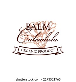 Hand drawn vintage calendula product logo design. Vector illustration in sketch style. Can be used for packaging