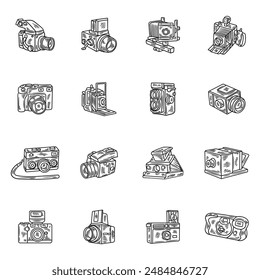 Hand Drawn Vintage Camera Illustration No Color Set