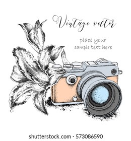 Hand drawn vintage camera with lily. Vector illustration