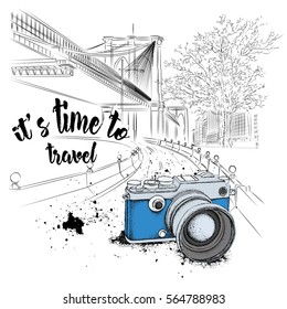 Hand drawn vintage camera  on background. Brooklyn Concept. It's time to travel Concept.  Vector illustration