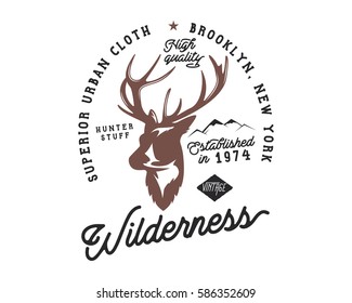 Hand drawn vintage camping badge and hiking label with hiking design elements and typography. Included deer head, mountains and quote text- "wilderness". Old style patch. Rustic stamp vector template.