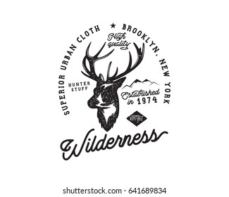 Hand drawn vintage camping badge and hiking label with hiking design elements and typography. Included deer head, mountains and quote text- wilderness . Old style patch. Rustic patch. Stock vector.