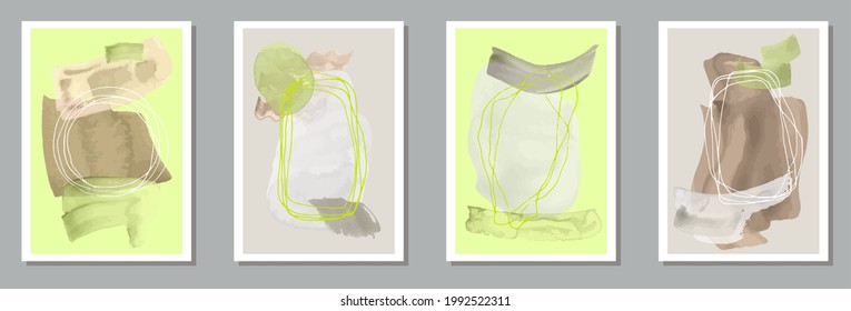 Hand drawn vintage canvas vector set. Watercolor stains backgrounds. 60s style frames. Stylish home decor templates. Scribble elements.