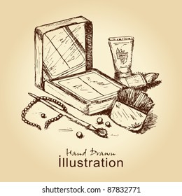 hand drawn vintage card with cosmetics set, for fashion design