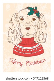 Hand drawn vintage card with dog. Vector illustration for holiday design, greeting card, christmas poster, invitation