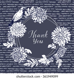 Hand drawn vintage card. Floral frame with bird