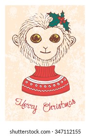 Hand drawn vintage card with monkey. Vector illustration for holiday design, greeting card, christmas poster, invitation