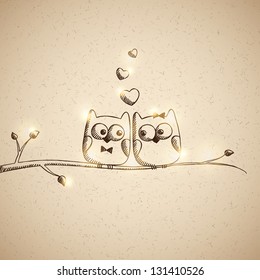 hand drawn vintage card with owls on textured cardboard