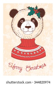 Hand drawn vintage card with panda. Vector illustration for holiday design, greeting card, christmas poster, invitation