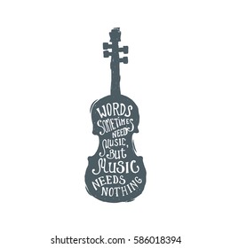 Hand drawn vintage cello. Sketch style. Vector illustration. T-shirt print. Poster. Logo. Hipster. Retro badge. Emblem. Music. Lettering. Violin.