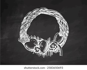 Hand drawn vintage chalk sketch of an Easter wreath on blackboard

