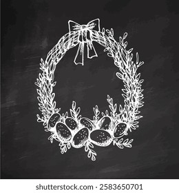 Hand drawn vintage chalk sketch of an Easter wreath on chalkboard

