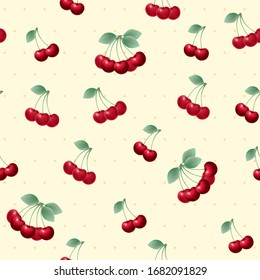 Hand drawn vintage cherry seamless vector background. Red fruit illustration, natural plant, wallpaper decoration, textile, packaging pattern, yellow background