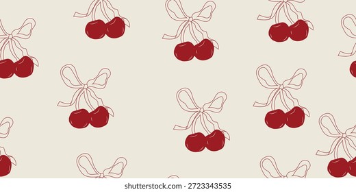 Hand drawn vintage cherry seamless pattern with bow. Romantic whimsical design for wrapping paper, fabric, backgrounds, wallpapers