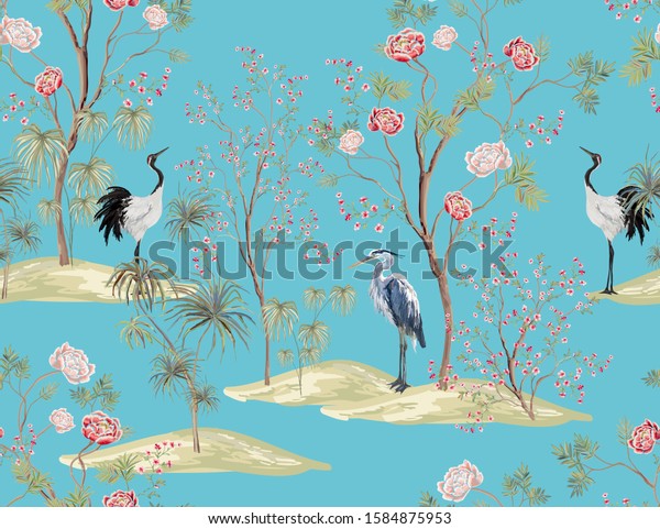 Hand drawn vintage chinoiserie floral palm tree, sakura, crane bird, red roses seamless border blue background. Exotic oriental wallpaper.
