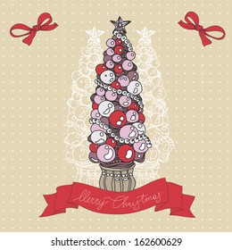 Hand drawn vintage Christmas banners. Vector Christmas Illustration with christmas tree and banner.