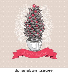 Hand drawn vintage Christmas banners. Vector Christmas Illustration with christmas tree and banner.