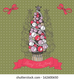 Hand drawn vintage Christmas banners. Vector Christmas Illustration with christmas tree and banner.