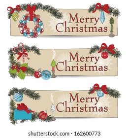 Hand drawn vintage Christmas banners Set. Vector Christmas Illustration with christmas tree and banner.