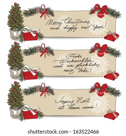 Hand drawn vintage Christmas banners Set. Vector Christmas Illustration with christmas tree, cone, garland, christmas balls and gift boxes.