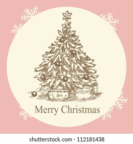 Hand drawn vintage Christmas card, Christmas tree with presents under it.