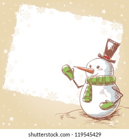 Hand drawn vintage christmas card with funny smiling snowman wearing scarf, mittens and a hat