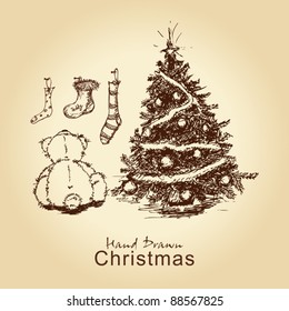 hand drawn vintage christmas card with teddy and christmas tree, for xmas design