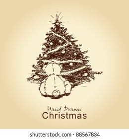 hand drawn vintage christmas card with teddy bear and christmas tree, for xmas design