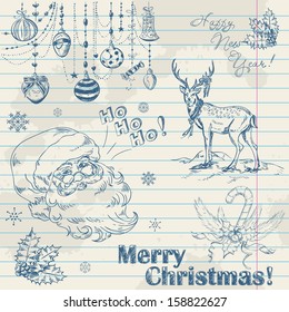 Hand drawn vintage Christmas elements on notebook paper with Santa, deer, toys and holly