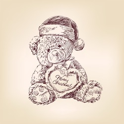 Hand Drawn Vintage Christmas  Illustration Of Teddy Bear With  Heart.