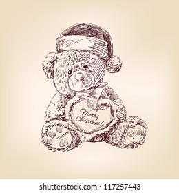 hand drawn vintage christmas  illustration teddy bear and  heart 