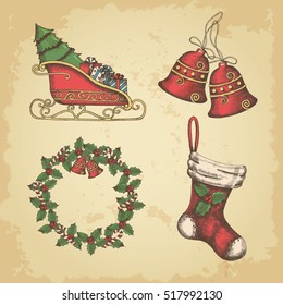 Hand drawn vintage Christmas set of bells, wreath of holly, Santa's sleigh and socks. Vector, sketch. 