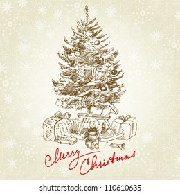 hand drawn vintage christmas tree