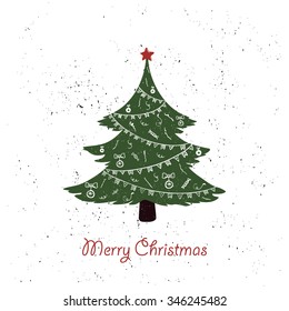 hand drawn vintage christmas tree on grunge background. doodle christmas invitation or greeting card. vector illustration