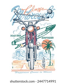 Hand Drawn Vintage Classic Retro Motorcycles Rider in beach, big Waves and surfboard Inside the bike