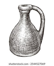 Hand drawn vintage clay pitcher with handle for drinks, vector sketch isolated on white