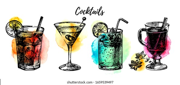 Hand drawn vintage cocktails set. Sketch retro drinks vector illustration isolated on white background